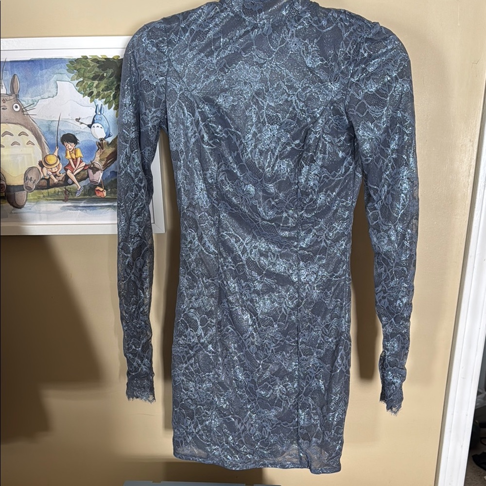Blue Gray Lace Bodycon Dress with Long Sleeves